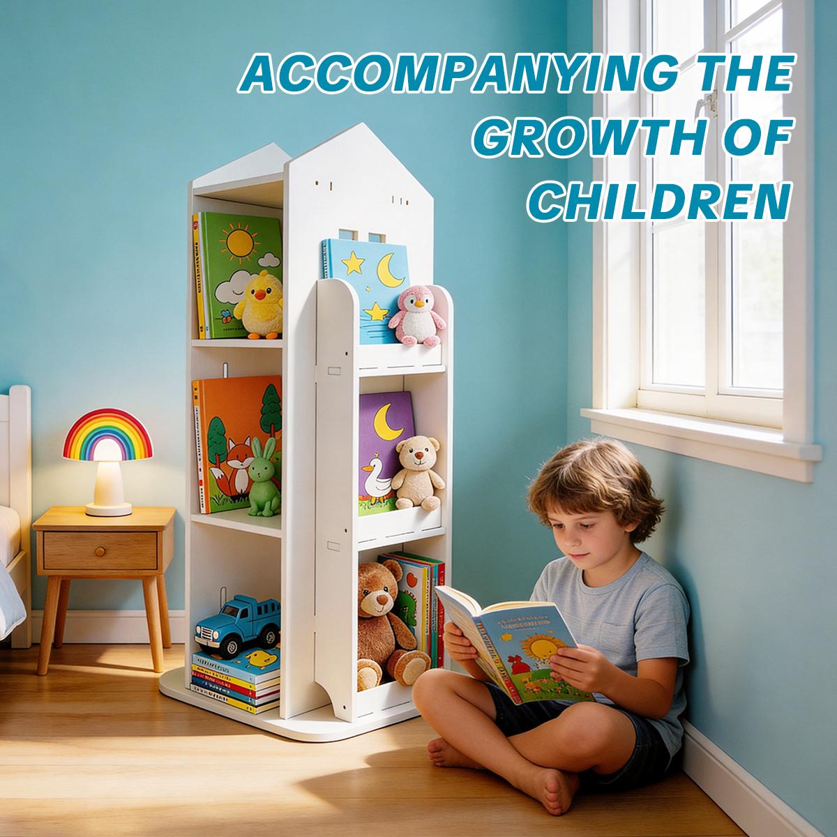 White 4-Tier PVC Corner Shelf System - 360-Degree Rotating Floor-Standing Bookshelf Tower, Space Saving Layered Multi-Shelf Living Room Furniture, Kids Book Organizer for Bedroom Small Spaces