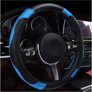 Car Steering Wheel Cover, 15 Inch Leather Breathable Auto Steering Wheel Protector, Comfortable Non-Slip Vehicle Steering Wheel Covers, Universal Interior Car Accessories (Black+Blue)