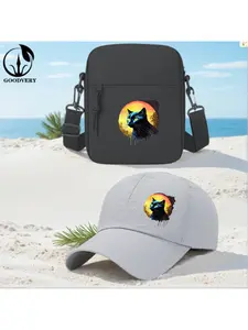 2pcs Abstract Art Black Cat Silhouette Against Vibrant Orange Sunset Print, Unisex Baseball Cap & Crossbody Bag, Men's and Women's Fashion Street Suit, Unisex Sportswear, Unique Gift Ideas, adjustable Polyester, Casual Outdoor Sports Accessories.