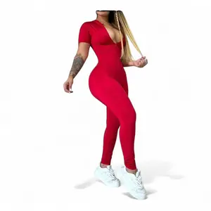 RED CLASSIC SHORT SLEEVE SUPLEX JUMPSUIT Premium Stretch Fabric Vibrant Red Casual Semi Formal Easy Care Wrinkle Resistant for Everyday Wear Rompers Overalls Elegance Womenswear