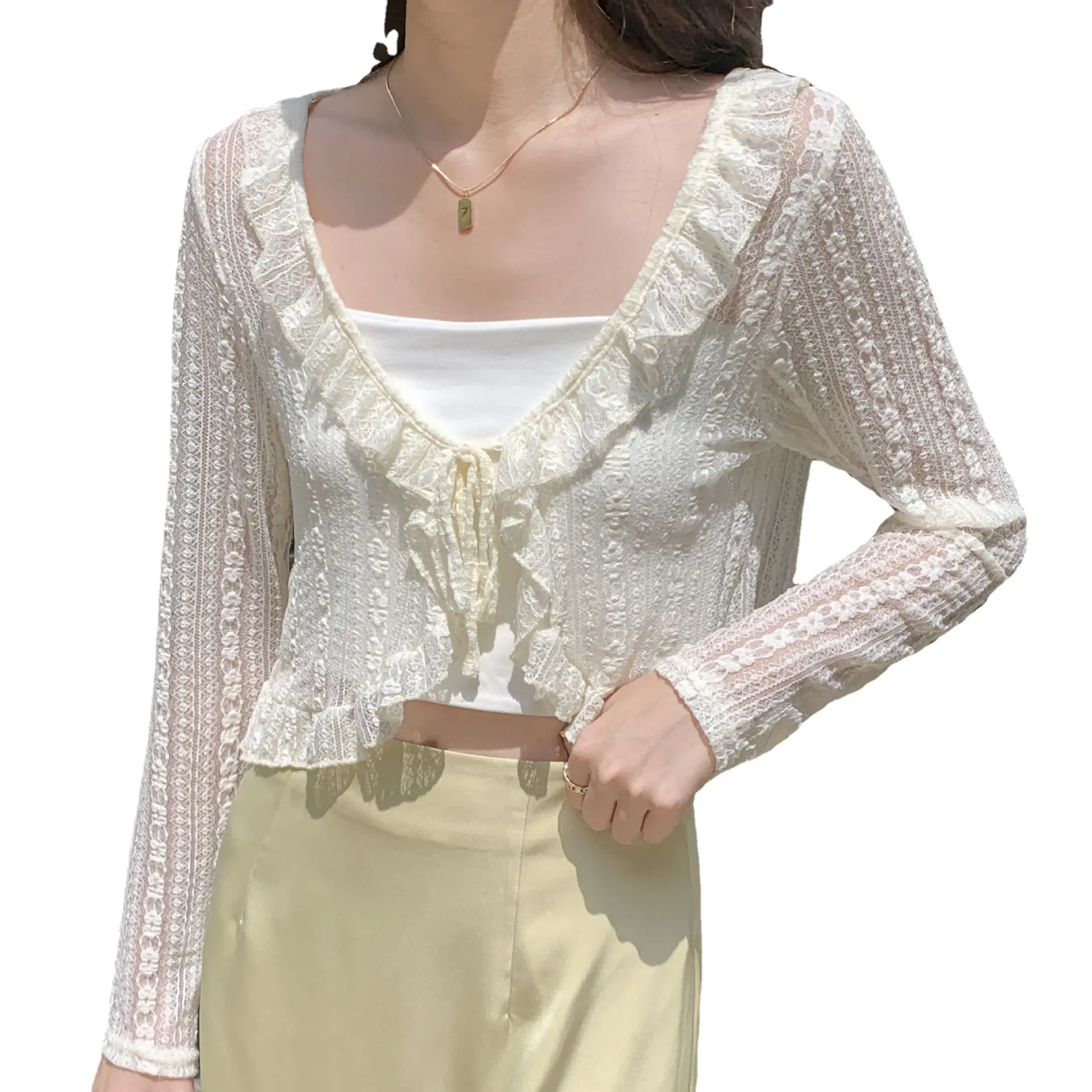 Women's 2026 Summer Feminine Lace Short Open-Front Knitwear Cardigan, Breathable Lightweight UV-Protection Casual Shawl Cover-Up for Dresses, Blouses Womenswear Knitwear Piece