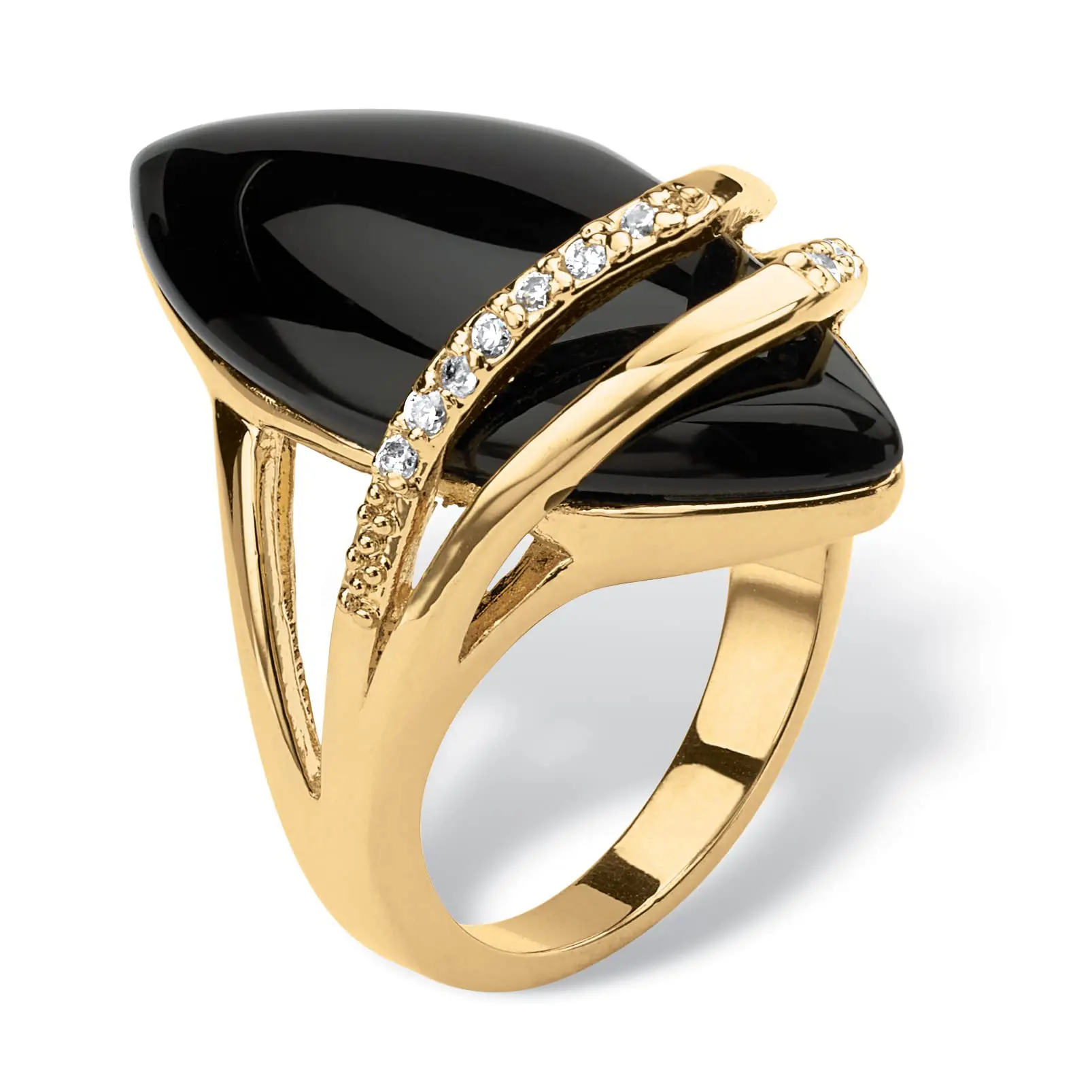 Women's Elegant Faux Agate Chunky Statement Gold Ring - Gold-Plated Copper Setting, Cubic Zirconia Accents, Modern Art Deco Costume Cocktail Jewelry, Black Onyx Ring Option, Gold Rings