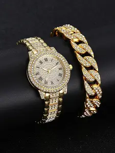 Women's Elegant Rhinestone Decorated Quartz Watch & Bracelet, Exquisite Trendy Wristwatch & Matching Bracelet, Fashionable Watch Set As Gift