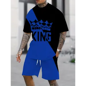 Digital print summer two-color splicing 'King' pattern print Men's casual two-piece set, round neck short sleeved T-shirt and drawstring shorts with pockets, round neck knit, slightly elastic, regular summer outdoor sports set SUIT