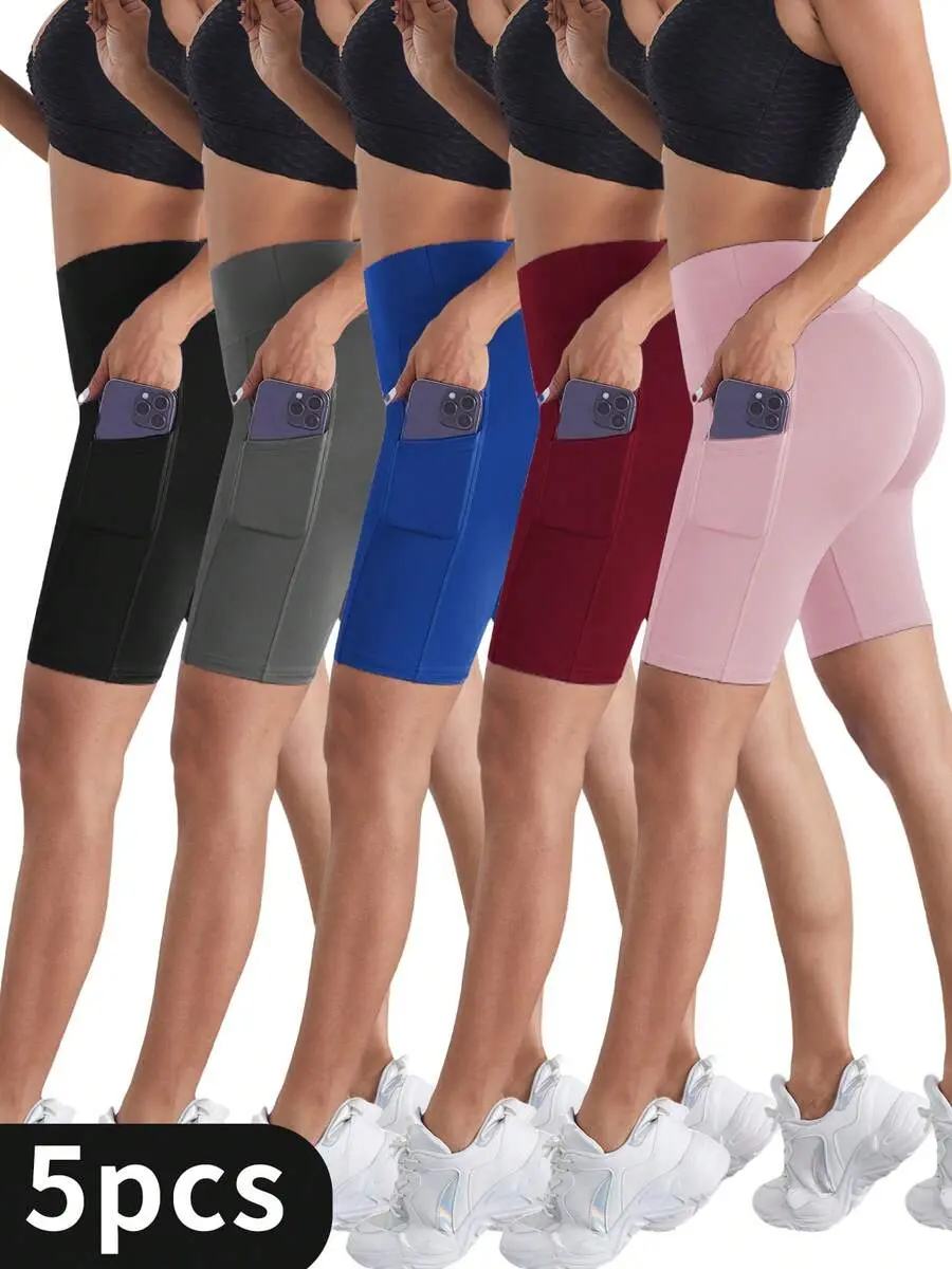EBIOSVE 5Pcs Multicolor Yoga Shorts With Pockets For Women, High Waist Compression Shorts, Tummy Control Stretchy Bike Shorts For Running Gym Fitness