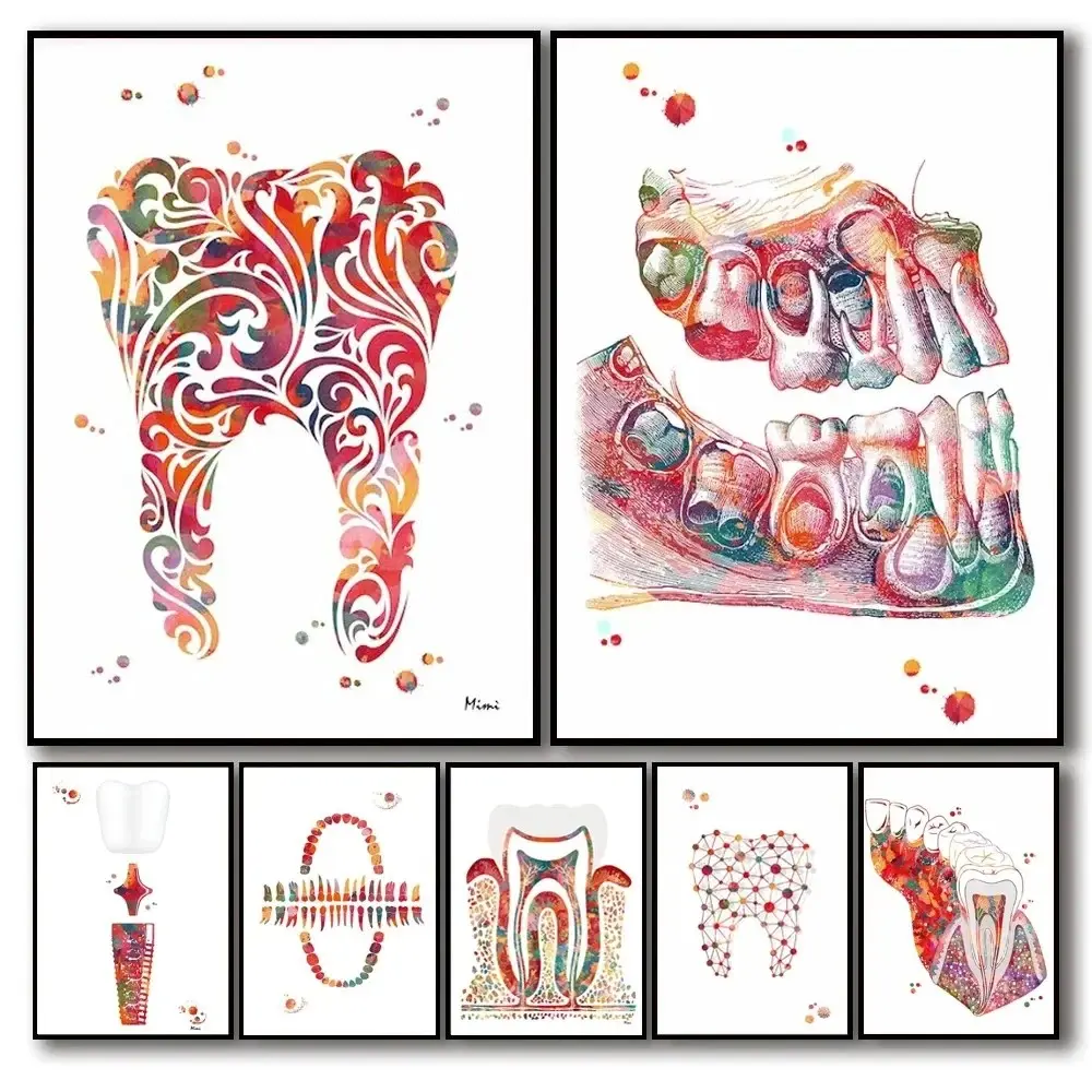 1PC 2D Flat Unframed Abstract Dental Art Tooth Implant Prints Mouth Anatomy Illustration Poster Canvas Painting Wall Pictures Home Clinic Decor