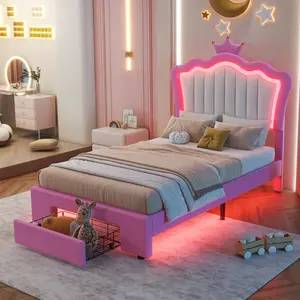 Twin Size Upholstered Platform Bed Frame with Storage Drawer and LED Lights, Cute Twin Princess Bed Frame, Adjustable Crown Headboard, No Box Spring Needed, Easy Assembly (Twin+1 Drawer)