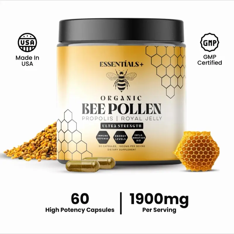 Organic Bee Pollen Capsules 1900mg with Royal Jelly & Propolis Ultra Strength Energy Immune Support 60 Count Daily Health Bundle