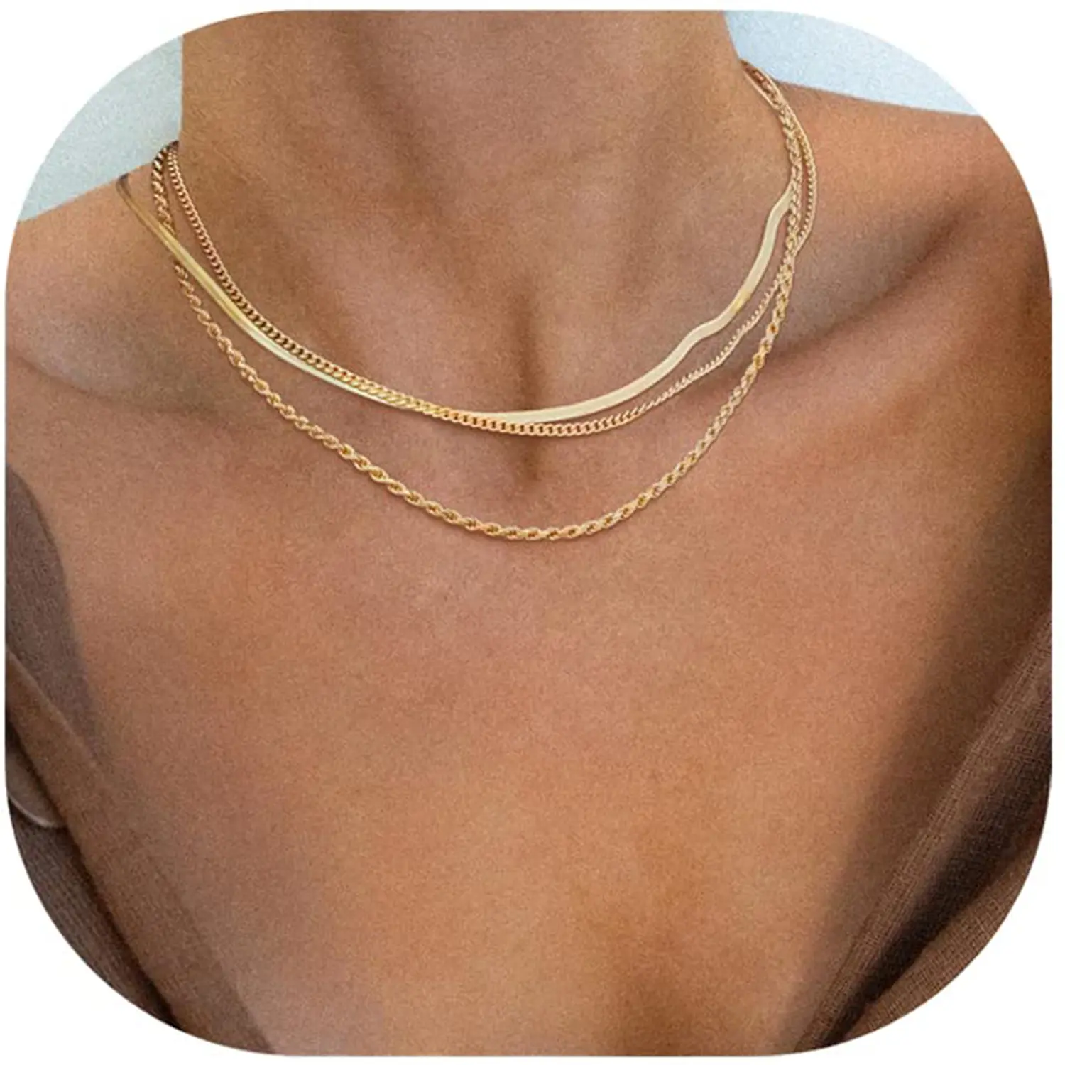 Herringbone Necklace for Women,Dainty Gold Necklace,14k Gold Plated Snake,Gold Chain Choker Necklaces,Simple Gold Layered Necklaces,Gold Jewelry Gift for Women