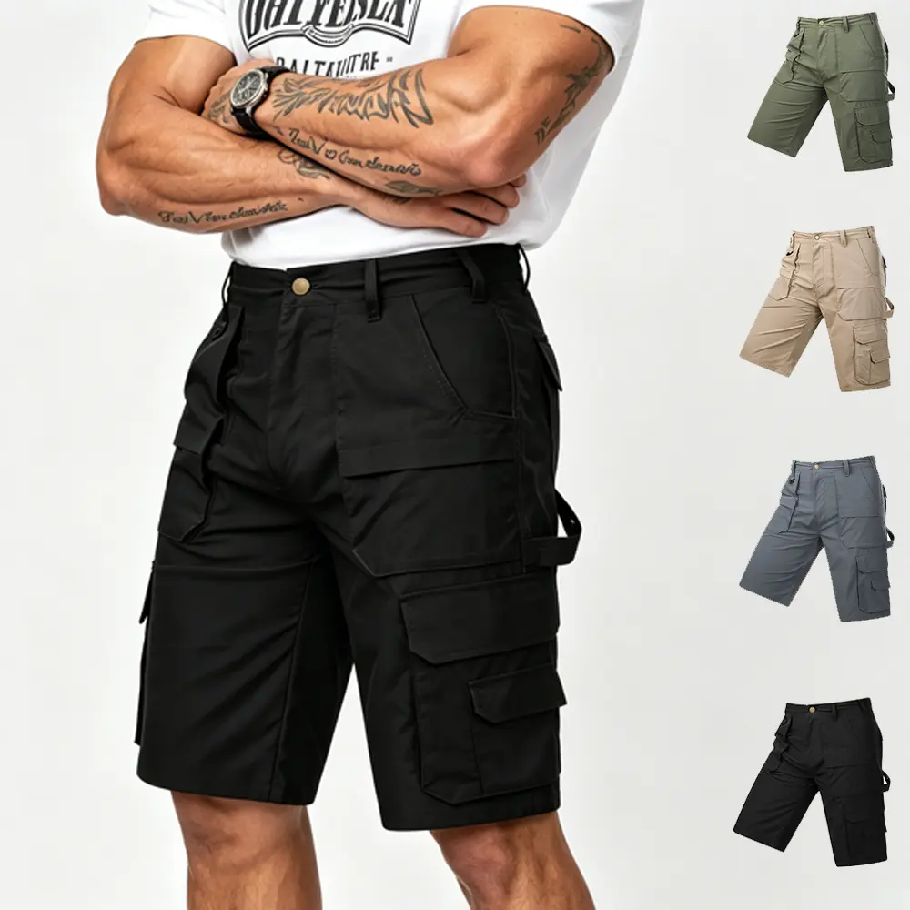 Men's Casual Tactical Cargo Shorts - Lightweight Breathable Polyester with a Multi-Pocket Design for Camping and Fishing, Menswear, Button Fasten, High-Capacity, Clothes, Mid Waist