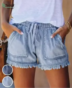 Women's Plain Drawstring Waist Denim Shorts, Casual Fashion Pocket Shorts for Daily Wear, Ladies Summer Bottoms