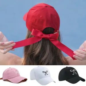 Womens Bow Embroidery Cute Knot Back Premium Snapback Hat Baseball Cap Ponytail Outdoor Sports Tennis Hat Adjustable Sun Protection red  cap  baseball