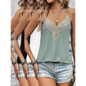 3pcs Elegant Rose Contrast Lace Tank Tops - V-Neck, Solid Color, All-Season, Applique Detail, Sleeveless, Stylish Summer Wear for Women, Sleeveless Tops|Vneckline Top|Applique Detail Top Knit Womenswear