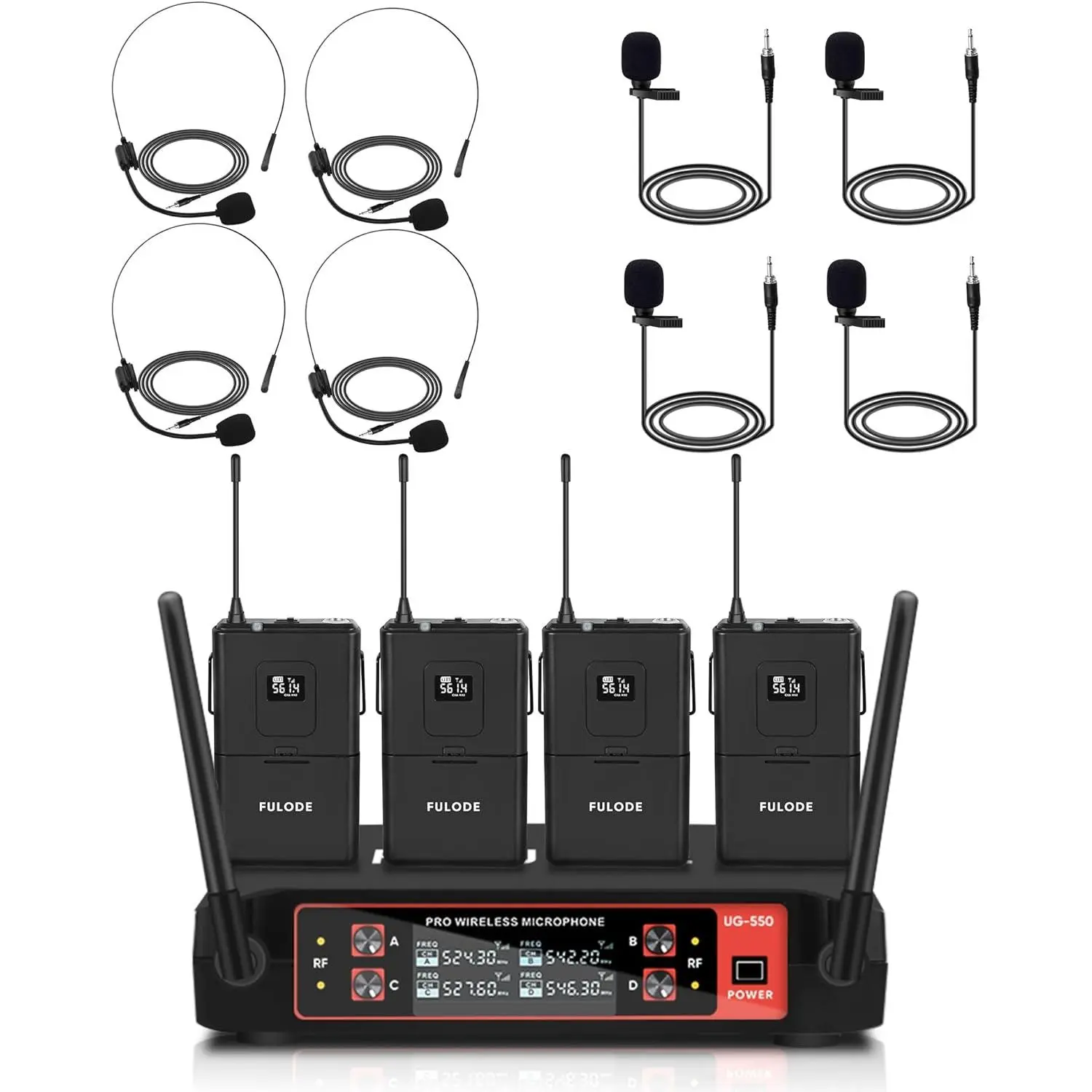 UG-550 Lapel Microphone Wireless Lavalier System, 4 Channel Professional UHF Microphone System with 4 Lavalier 4 Headset Mics for Singing Meeting Church Event TV Speaker (4 Bodypack), Karaoke, Audio