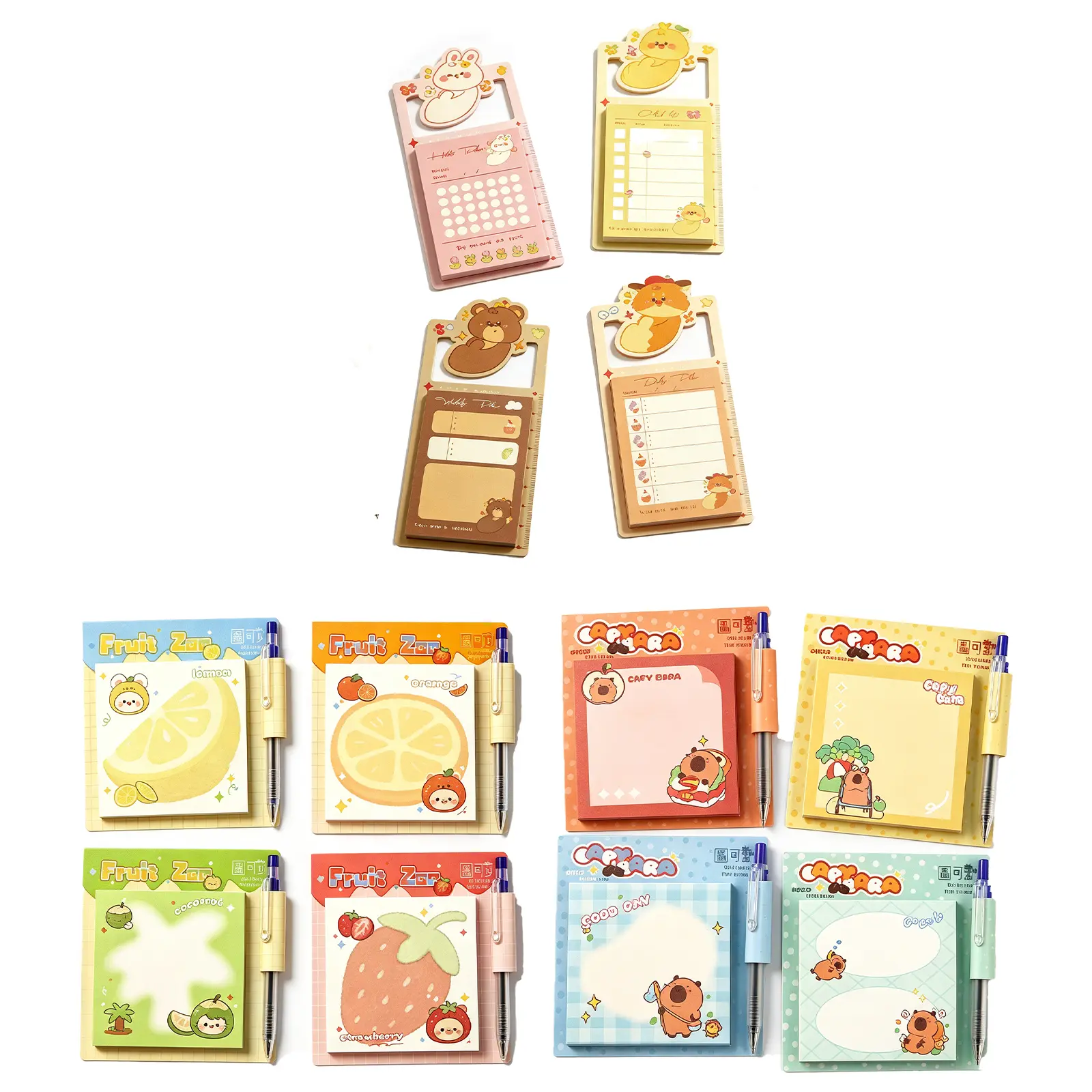 12Pcs Multi-Styles Cute Cartoon Sticky Notes Set, Animal Fruit Self-Stick with Matching Pen,Back to School Office Stationery Supplies, Small Holiday Gift for Students Girls Teens