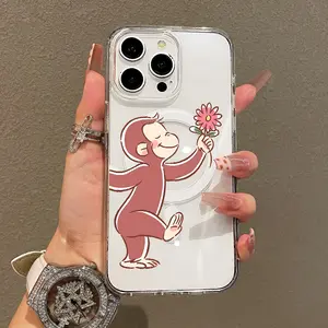 Trendy Magnetic Case for iPhone11/12/13/14/15/16/promax, Curious George Floral Illustration Ultra Slim, MagSafe Support, Shockproof | Playful & Fun Style