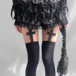 Gothic Cross Dark Style Y2K Millennium Long Socks - Subculture Pantyhose, Thigh High Stockings & JK Suspender Stockings for Themed Party Wear & Edgy Fashion Womenswear