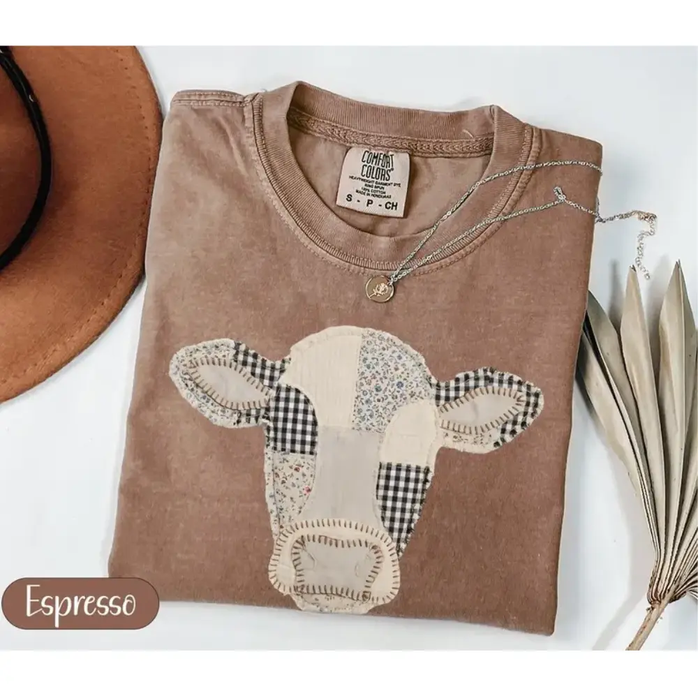 Comfort Colors Patchwork Cow T-Shirt, PRINTED Quilted Farm Animal Head Tee, Gingham Floral Rustic Cow Lover Shirt, Cottagecore Farmhouse Gift, Printed Shirt