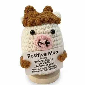 Positive Crochet Cow Gift Set with Wooden Base & Card Cute Handmade Knitted Cow Decor in Mesh Bag Funny Emotional Support Animal for Birthday, Christmas & Valentine’s Day Bestie & Coworker Gift Desk Party Home Decor