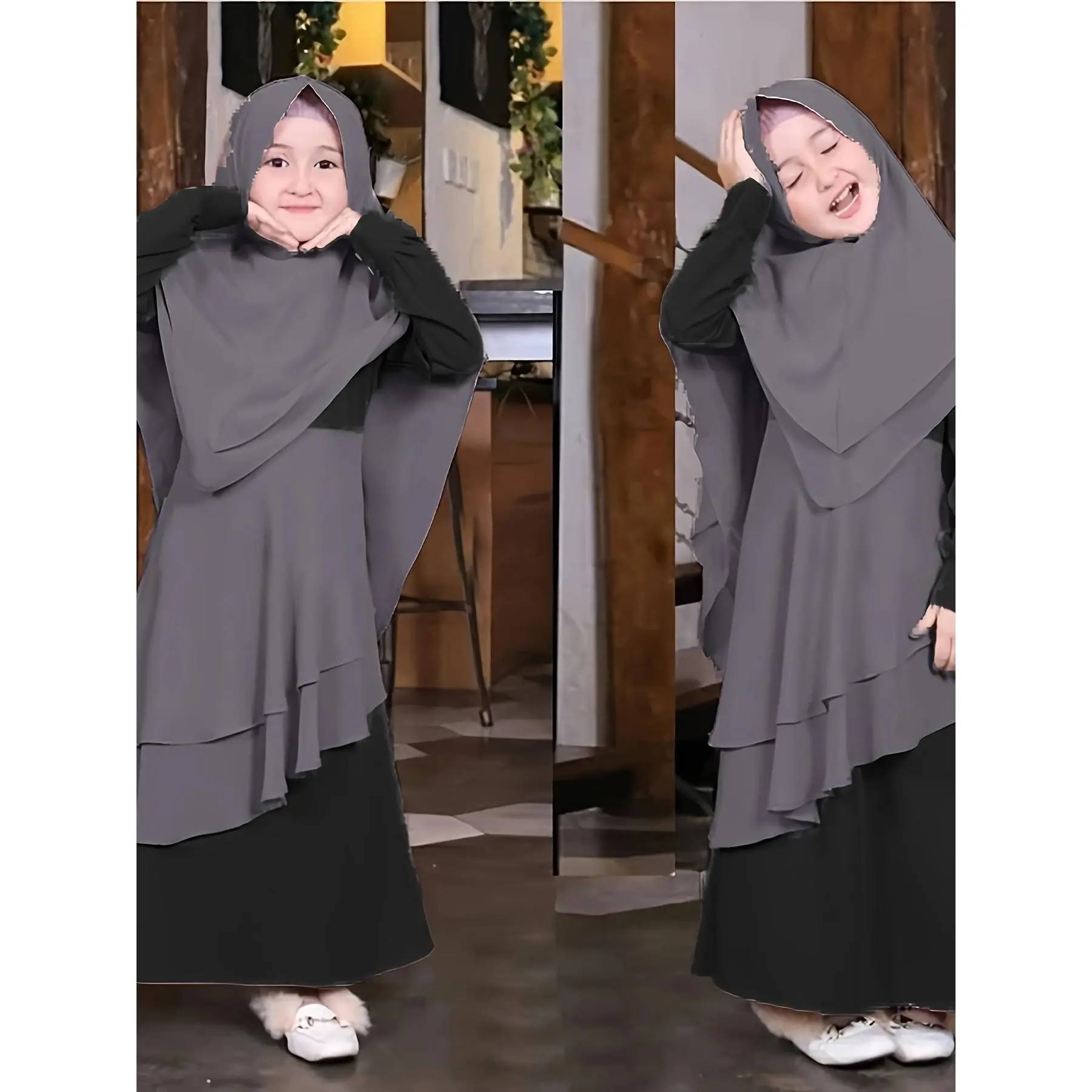 Girl's Spring And Autumn Style Traditional Ethnic Clothing Set, Long-sleeved Asymmetric Ruffle Dress + Headscarf 2Pcs Set