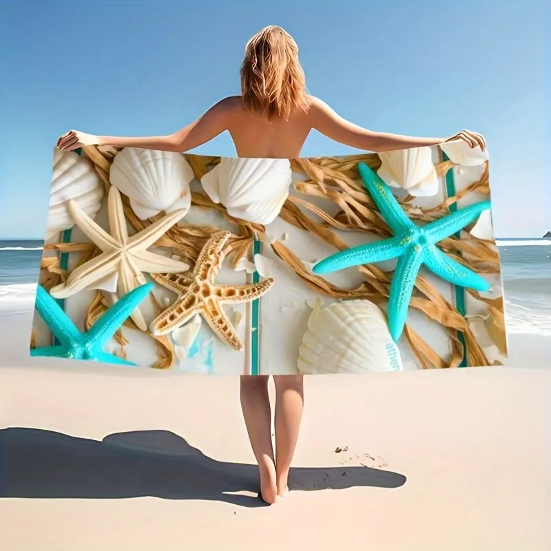 Starfish & Shell Print Beach Towel, Ultra-Fine Fiber. Summer Travel Essential, Soft & Highly Absorbent. Suitable for Swimming, Camping and Bathing, Ideal for Beach & Bathroom.
