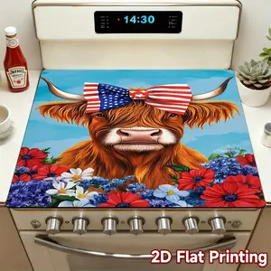 Diatom Mud Patriotic Highland Cow with US Flag Bow 2D Stove Top Cover, Heat Resistant Scratch Proof Protector, Easy Clean Multi-Use Mat for Stoves, Oven, Washer Dryer, Patriotic Farmhouse Kitchen Decor #DiatomMud #PatrioticHighlandCow #USFlagBow