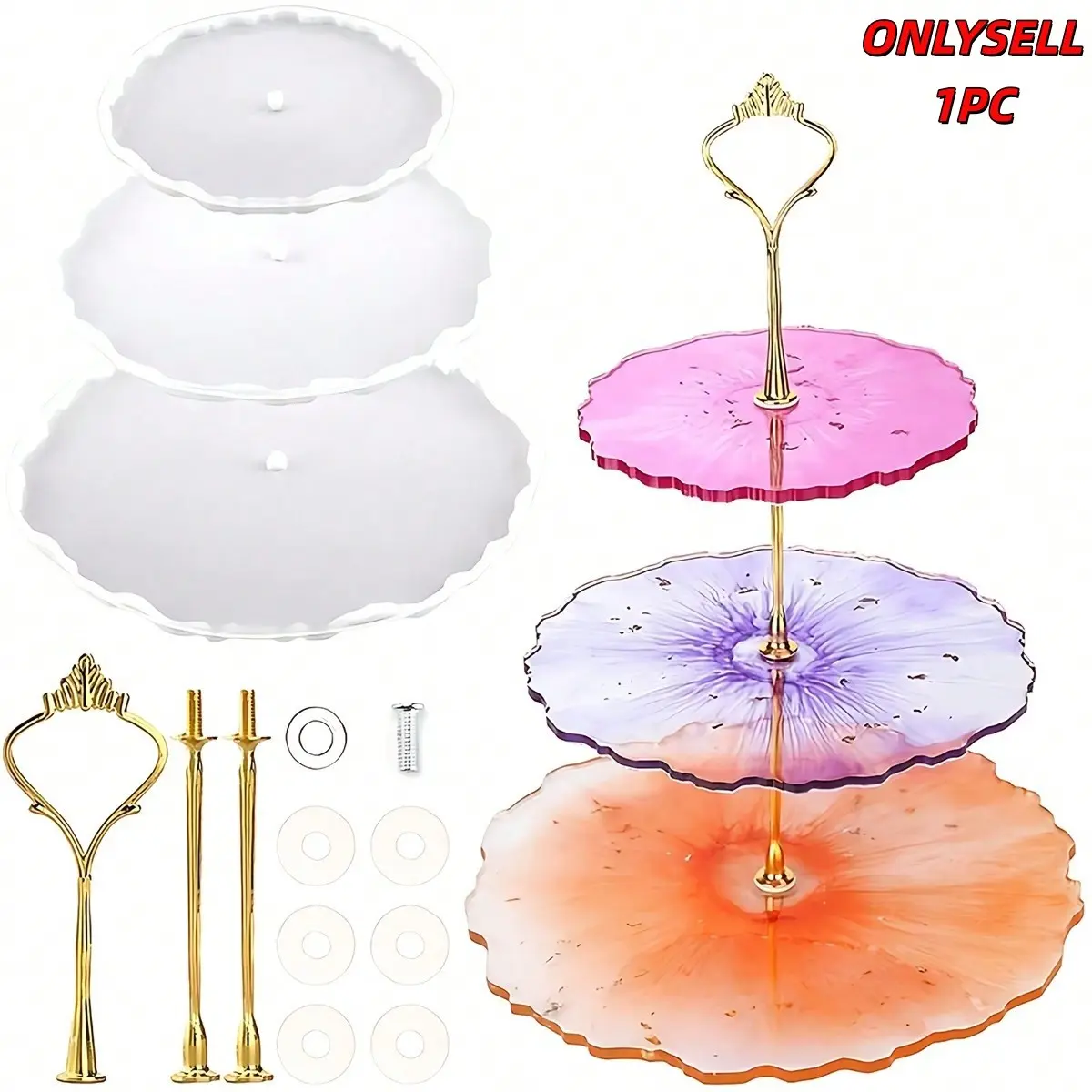 3 Tier Resin Cake Stand Mold Setm, Gold & Silver Three layer tray bracket - Round & Square Silicone Tray Mold for DIY Serving Platter, Coaster Display Stand, Epoxy Resin Casting Kit for Home Party Decor, Cake Stands for Party