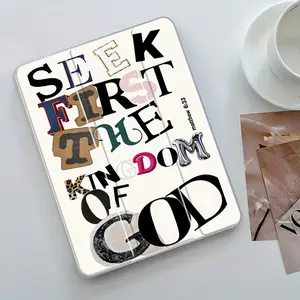 Vintage Stylish Seek First God's Kingdom iPad Folding Stand Case, Transparent Acrylic Hard Back with Pencil & Charger Slots, for iPad 10.2 inch 2019/2021, Mini, Pro, Air, Scratch-Resistant Ultra-Thin, Shockproof Full Protection Case, Tablet Accessories