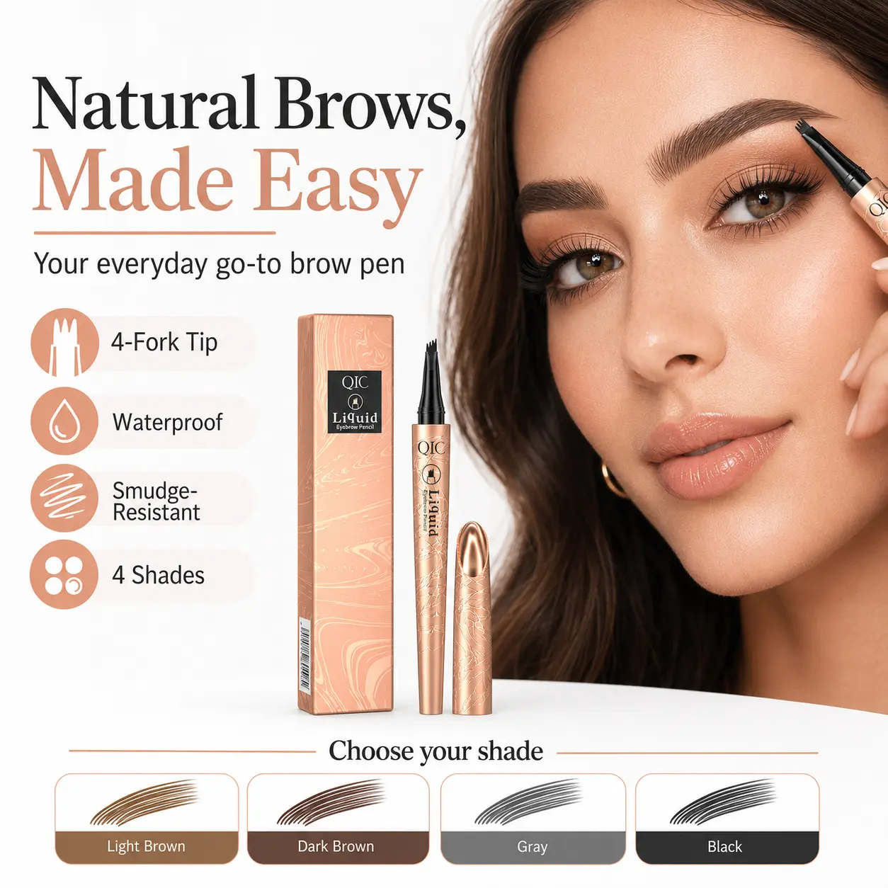 4-Prong Liquid Eyebrow Pen, Waterproof Smudge-Resistant Brow Pen for Natural Hair-Like Strokes, Easy Fill & Define Eyebrow Makeup, 4 Shades