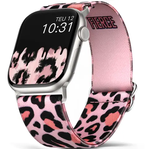 MissAir Trendy Pink Leopard Print Watch Band Compatible with Apple Watch Series 1-10 SE Ultra Stretchy Adjustable Elastic Fabric for Women - Wearable