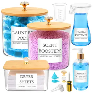 5 Pcs Laundry Container Organizing with Laundry Powder Container and Dryer Sheet Holder Acrylic Laundry Soap Dispenser Bottle with Funnel, Measuring Cup Laundry Pod Holder for Beads,Soap,Scent Booster
