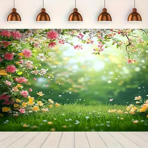 Vibrant Spring Flower Print Polyester Fabric Banner, Green Grass Design, Reusable, No Power Required, Ideal for Weddings, Indoor-Outdoor Wall Decor Banner, Home & Festive Party Supplies Backdrop