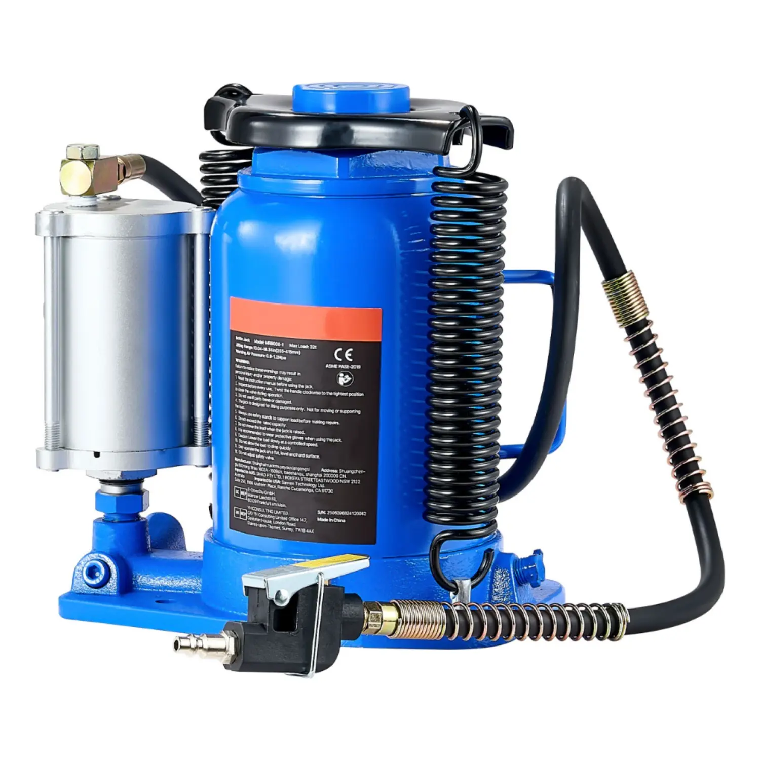 Air Hydraulic Bottle Jack, 32 Ton (70546.9 lbs) Capacity, 10-16.3 Inch Lifting Range, Pneumatic/Manual Heavy Duty Welded Bottle Jack with Pump for Car, SUV, Pickup, Truck, RV, Auto Repair, Blue