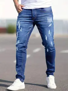 [Street Vibe] 1 Piece Available - Dark Blue Ripped Denim Jean Pants with Layered Cut, Men's Statement-Making Trendy Long Pants