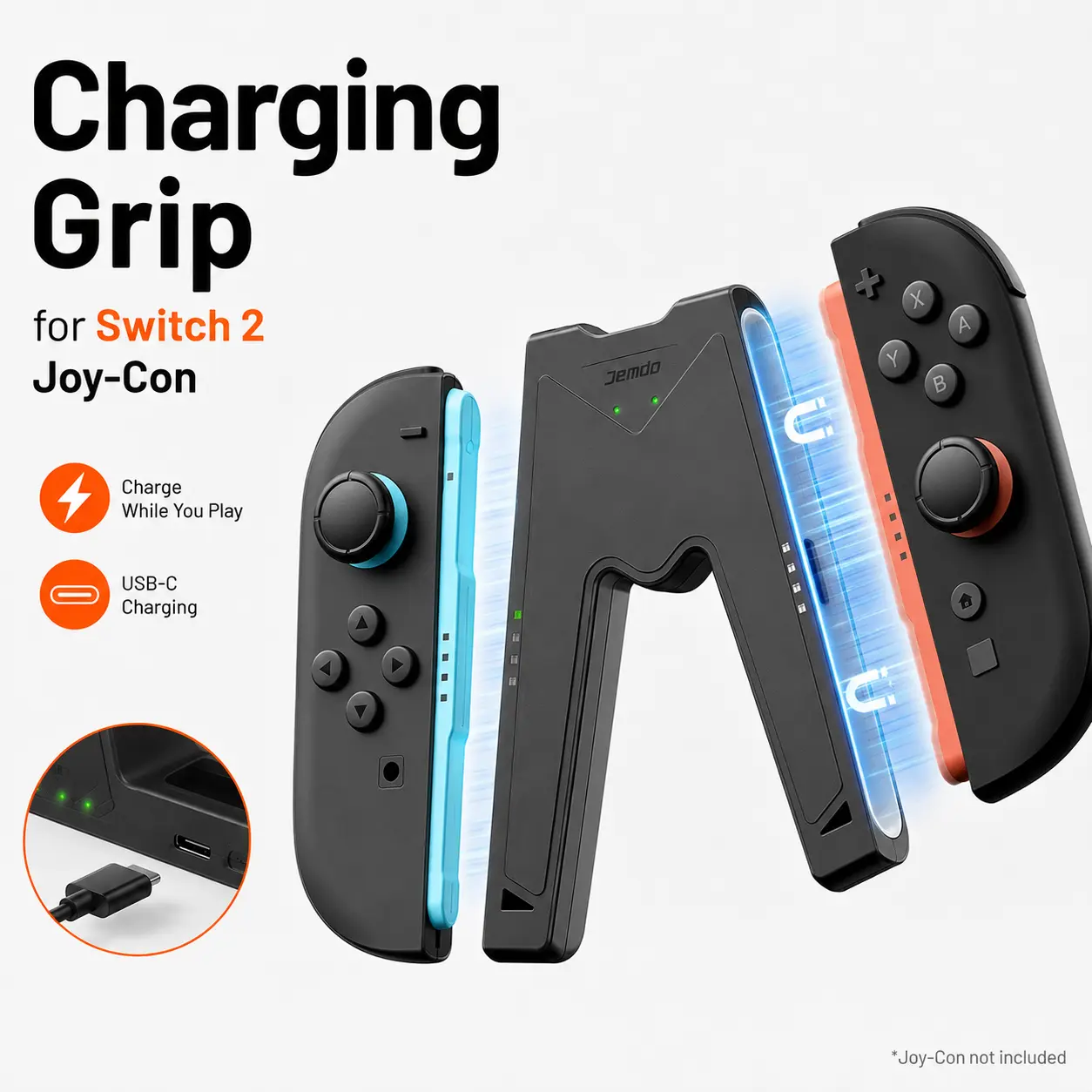 Jemdo Lightweight Charging Grip Handle for Switch 2 Joy-Con Controllers - Switch 2-Blue Accessories, Gaming Console Accessory, LED Indicator Safe Charger, No Interruption Charge-While-Playing Portable Charging Handle