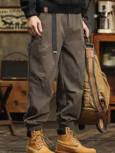 Men's Corduroy Work Pants with Large Pockets, Loose Fit Drawstring Ankle Cuffs, Casual Denim Style Bottoms, Comfortable Daily Wear