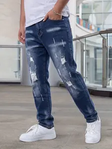 Men's Ripped Stretch Slim Fit Jeans, Fashion Straight Leg for Daily Wear, Casual Long Pants, All Seasons, Button Fly Closure