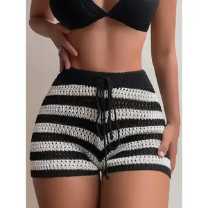 MOXDO Women's Casual Striped Knit Beach Shorts, 100% Polyester Non-Stretch Fabric, with Lace-Up Detail and Crochet Cutout Design