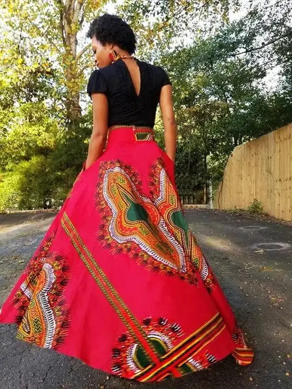 Red High Waist African Print Dashiki Skirt-DP3975HL | African Fashion | Dupsie's