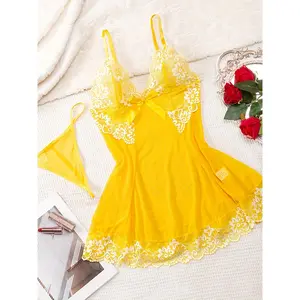 Sexy V-Neck Lace Babydoll Nightgown for Women - Yellow Floral Print Mesh Chemise with Front Bow Detail, Soft & Comfortable Adult Sleepwear, Sensual Nightgown | Feminine Chemise | Intricate Lace Pattern