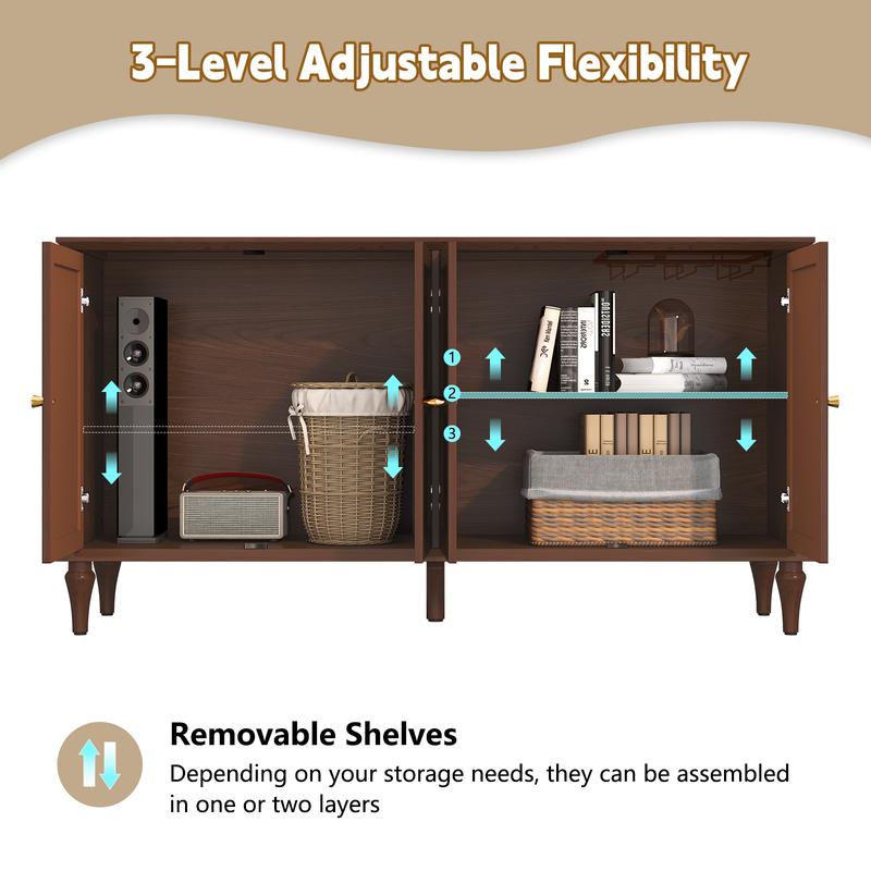 Mid-Century Modern Sideboard Buffet Cabinet, Walnut Wood 4-Door Storage Credenza, Large Capacity, Farmhouse Home Furniture, Entryway Living Room Dining Room, Scratch-Resistant Surface, Hidden Storage Organizer