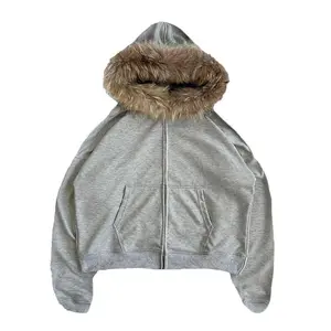 Casual Zipper Hoodie with Fur Collar Harajuku Streetwear Hip-Hop Style Zipper Hoodie Sweatshirt Retro Rock Loose Jacket
