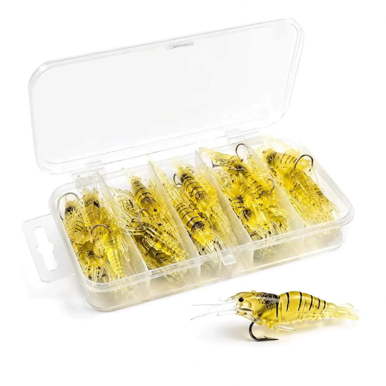 Soft Plastic Fishing Lures 15-Piece Mixed Set, 1.5 in (4cm) Realistic Grass Shrimp Baits for Freshwater and Saltwater, Beginner-Friendly Kit in Compact Container, Trout, Fresh/Saltwater