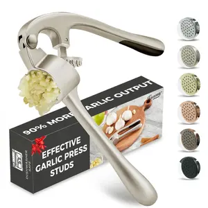 High Effective Garlic Press with Studs Heavy Duty Mincer Easy to Squeeze Clean Rust Proof Dishwasher Safe Imperial Silver Kitchen Utensils Zinc Material Ergonomic Design Clamp Holes