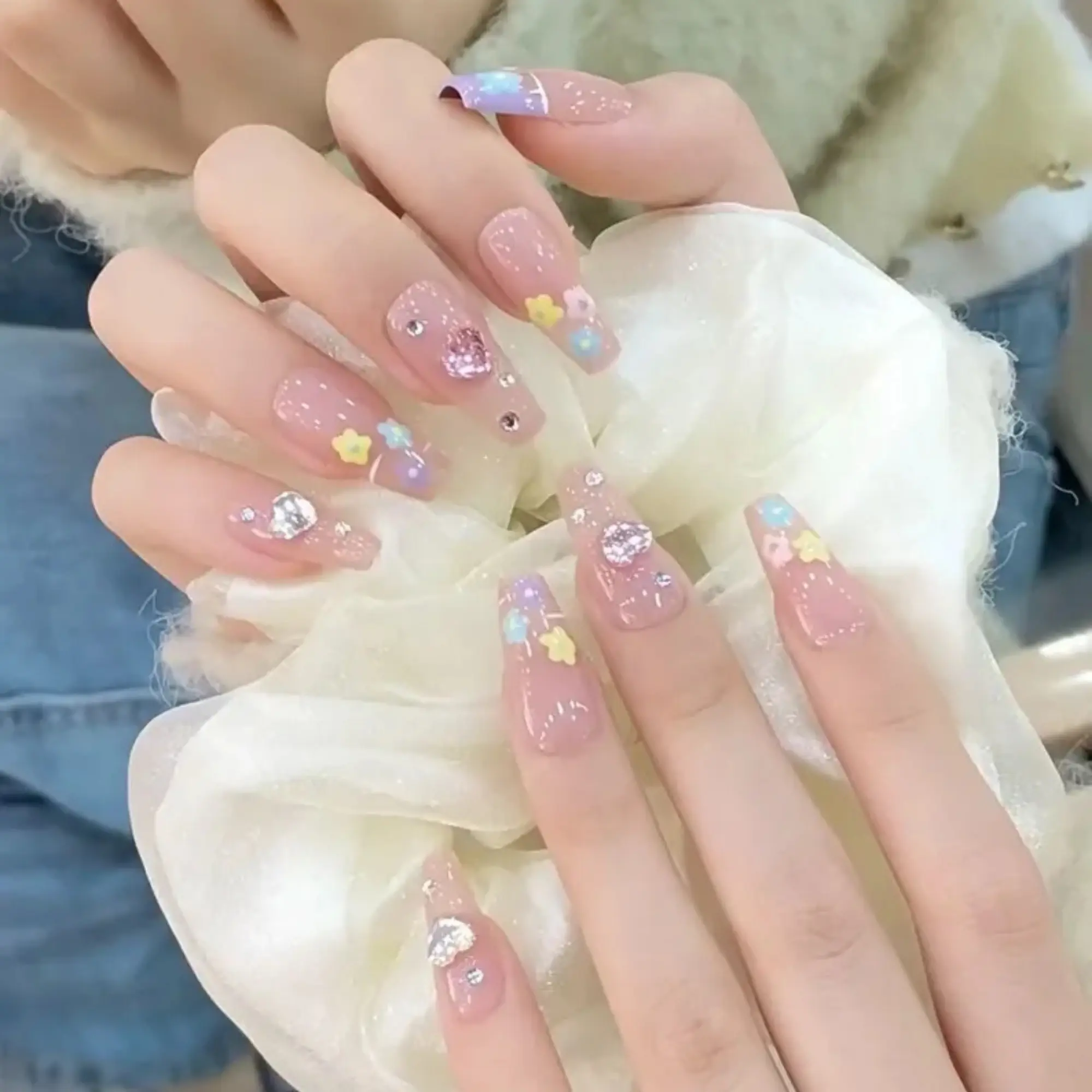 Clear Based Colourful Flower Tiny Heart Press On Nails | Clean Nails | Premium Nails | Summer Nails