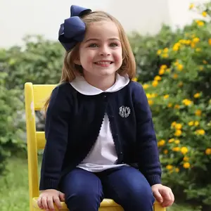 Navy Button Up Sweater - Classic Girl's Cardigan with Pearl Buttons