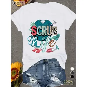 Women's Scrub Life Graphic T-Shirt - Soft Short Sleeve, Casual Medical Design with Stethoscope & Nurse Cap Print, Black Comfort Fit for Healthcare Professionals, Scrub Tops for Nurses