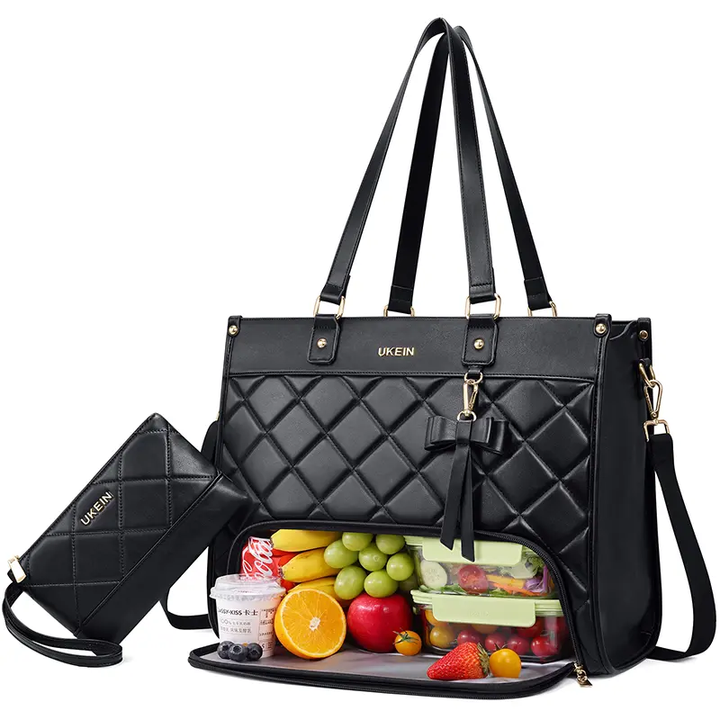 UKEIN Coquette Quilted Lunch Bag for Women, Aesthetic PU Leather Cooler Tote | Insulated, Leakproof & Waterproof with Adjustable Strap for Work, School, Back to School Haul
