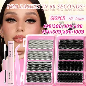 DIY Lash Extension Kit 616PCS, 10D-100D Mixed Volume Cluster Lashes, 10-16mm D Curl, Bond Glue & Tweezers Included, Gentle Lash Adhesive, Soft Natural to Mega Volume, Easy at-Home Lash Kit for Beginners & Pros