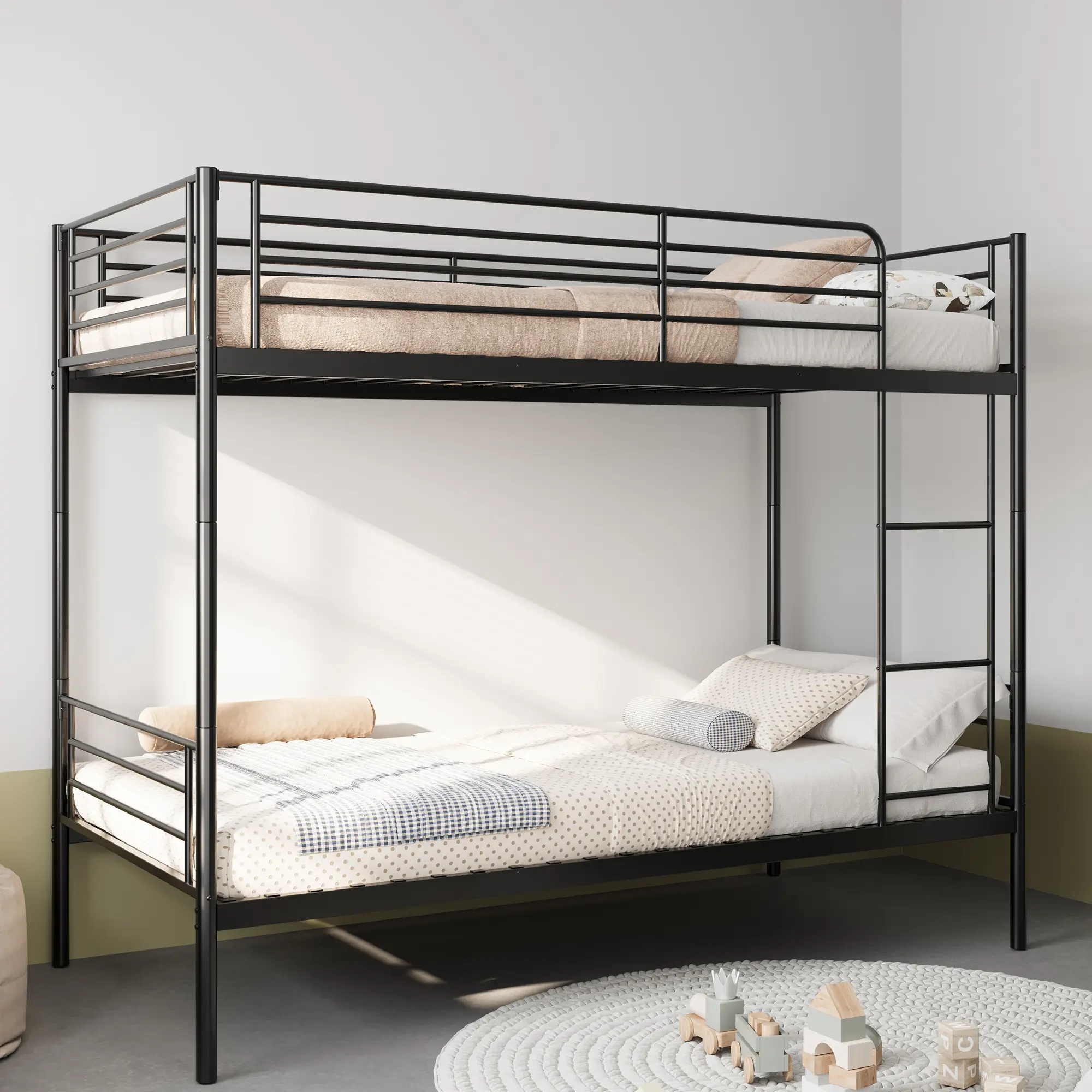 Bunk Bed with Ladder and high Guardrail, Able to Split, Metal Bunk Bed, Storage Space, Noise Free,Twin Over Twin Size,Black/White/Pink/Bule/Green